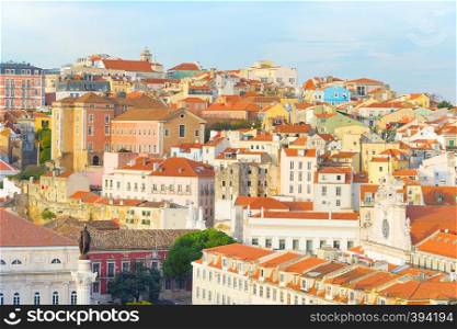 Skyline of Lisbon Old Town with King Pedro IV monument. Lisbon, Portugal