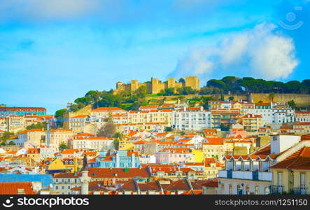 Skyline of Lisbon Old Town with Lisbon Castle on a top of a hill. Portugal