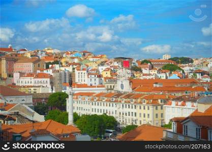 Skyline of Lisbon Old Town with Rossio square and King Pedro IV monumetn. Lisbon, Portugal