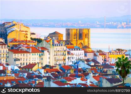 Skyline of Lisbon with famous Lisbon Cathedral. Portugal