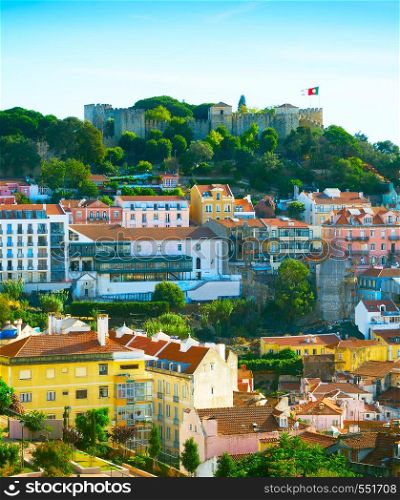 Skyline of Lisbon with Lisbon Castle on a top of a hill. Portugal