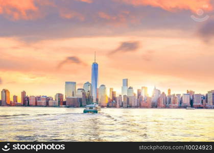 Skyline of lower Manhattan of New York City from Exchange Place at night 
