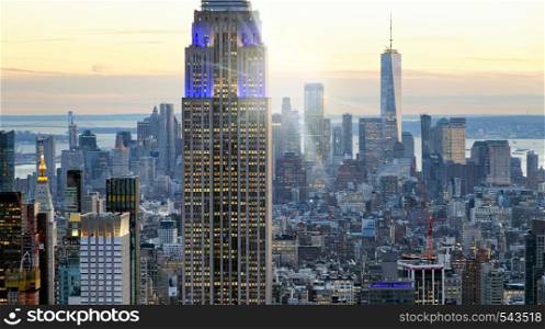 Skyline of Manhattan at duk, New York City aerial view.