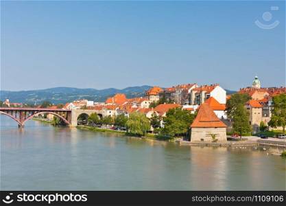 Skyline of Maribor city embankment in the sunny day, Slovenia