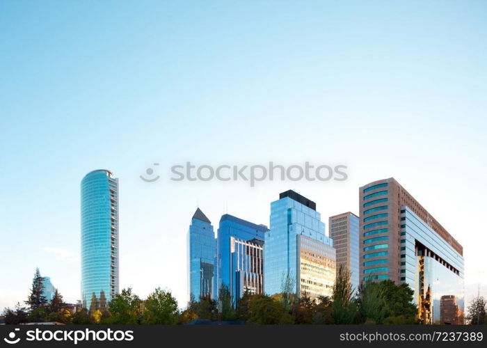 Skyline of modern buildings at Las Condes district, Santiago, Chile