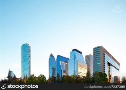 Skyline of modern buildings at Las Condes district, Santiago, Chile