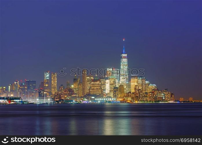 Skyline of New York City at night, USA