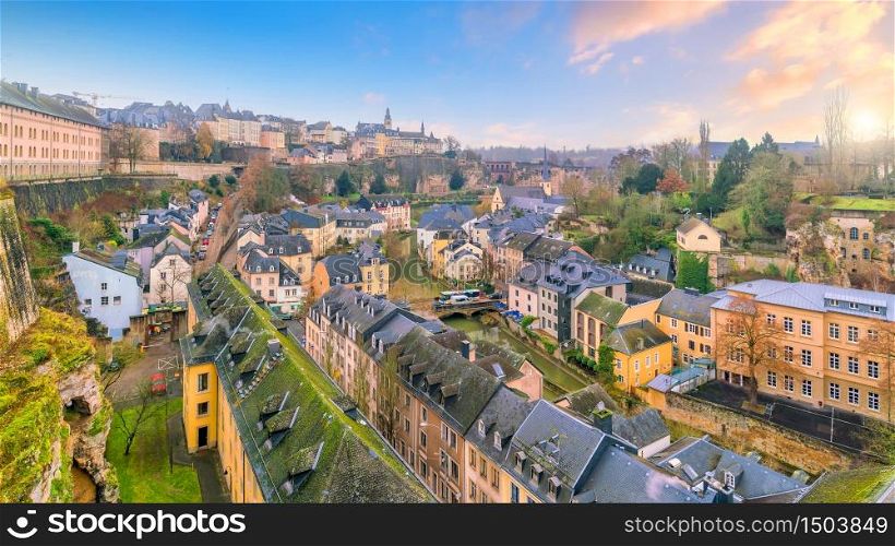 Skyline of old town Luxembourg City from top view in Luxembourg