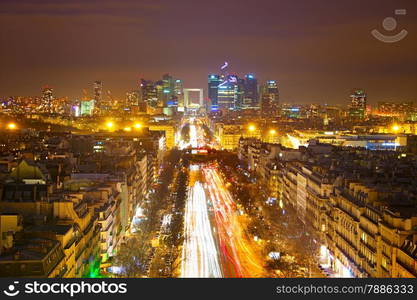 Skyline of Paris. View from Arc de Triomphe towards Paris business district Defense