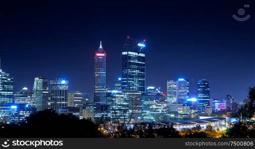 Skyline of Perth from Kings Park with a view of John Oldany Park at night.