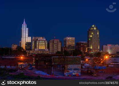 Skyline of Raleigh, NC during summer at dusk