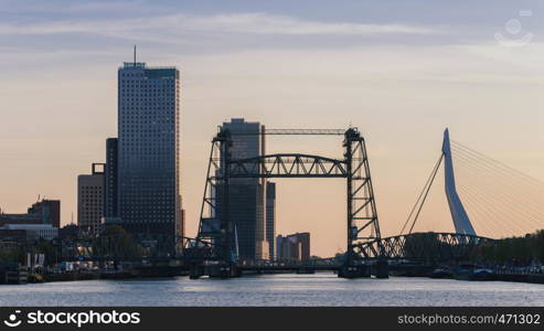 Skyline of Rotterdam With Erasmus Bridge and Kop van Zuid, Netherlands.. Skyline of Rotterdam With Erasmus Bridge and Kop van Zuid, Netherlands