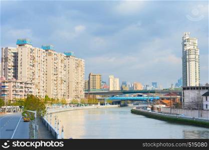 Skyline of Shanghai, architecture along the river canal. China