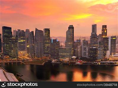 Skyline of Singapore Downtown Core colorful sunset sky