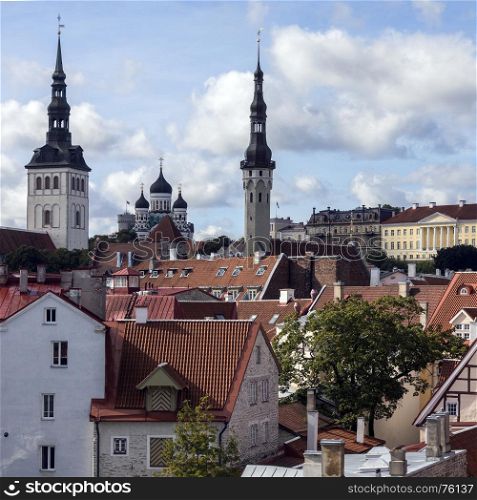 Skyline of Tallinn in Estonia. The three churches are - St Nicholas Church, Alexander Nevsky Cathedral and the Church of the Holy Spirit.
