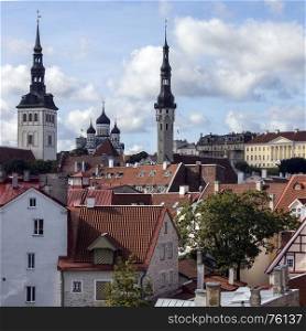 Skyline of Tallinn in Estonia. The three churches are - St Nicholas Church, Alexander Nevsky Cathedral and the Church of the Holy Spirit.