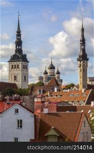 Skyline of Tallinn in Estonia. The three churches are, St Nicholas Church, Alexander Nevsky Cathedral and the Church of the Holy Spirit.