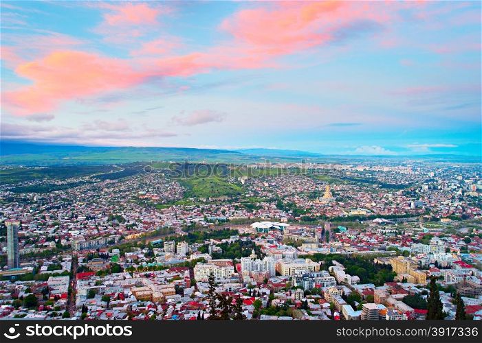 Skyline of Tbilisi at sunset. Top view. Georgia