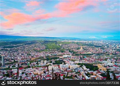 Skyline of Tbilisi at sunset. Top view. Georgia