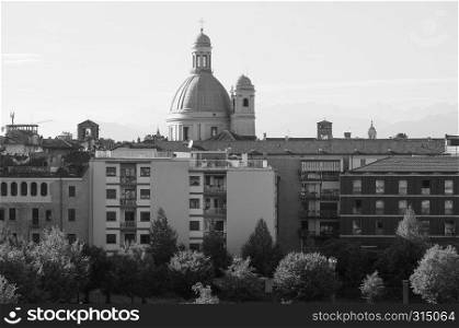 Skyline of the city of Turin, Italy with Consolata church in black and white. Aerial view of Turin in black and white