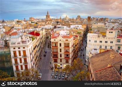 Skyline of Valencia Old Town at twilight. Spain