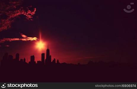 Skyline silhouette of chicago at dusk, USA.