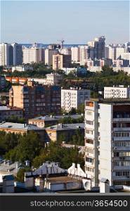 skyline with residential houses in Moscow city in summer afternoon