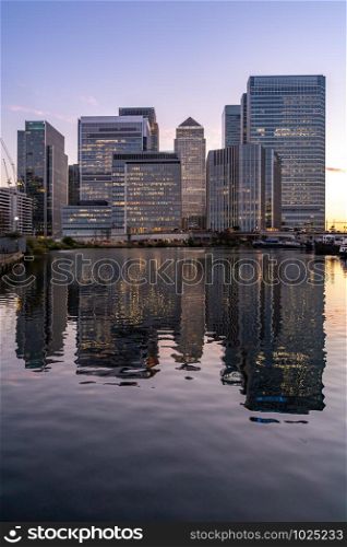 Skylines building at Canary Wharf in London UK sunset twilight