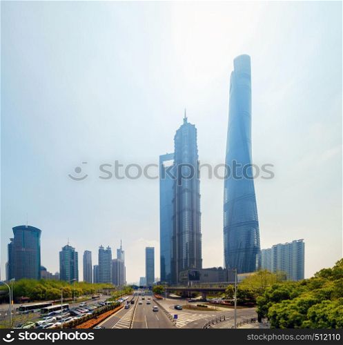 Skyscraper and high-rise office buildings in Shanghai Downtown, China. Financial district and business centers in smart city in Asia.
