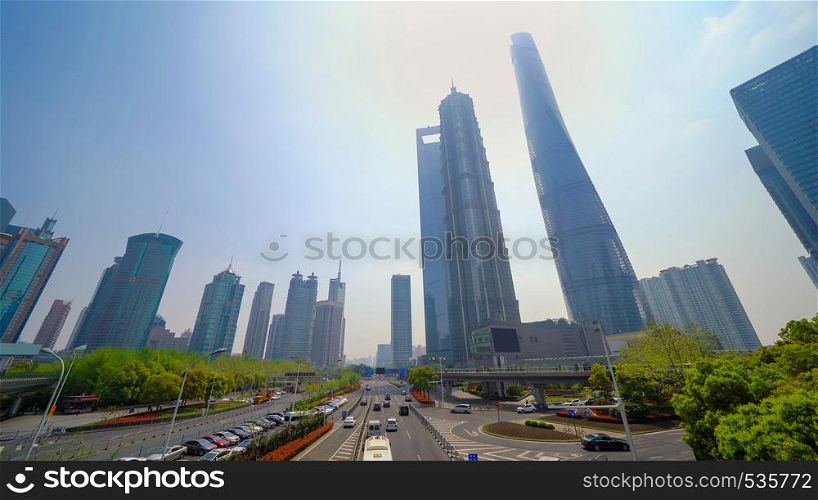 Skyscraper and high-rise office buildings in Shanghai Downtown, China. Financial district and business centers in smart city in Asia.