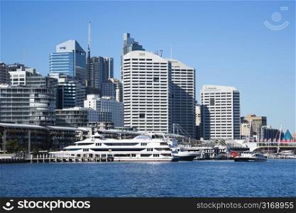 Skyscraper and waterway in Darling Harbour in Sydney, Australia.