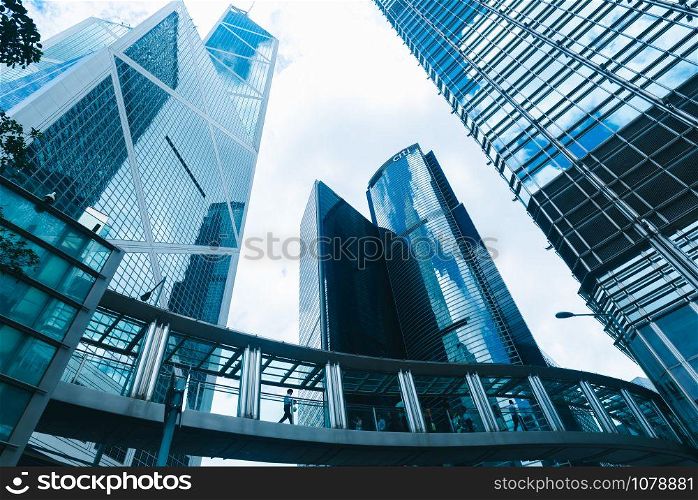 skyscraper building in Hong Kong, city view in blue filter