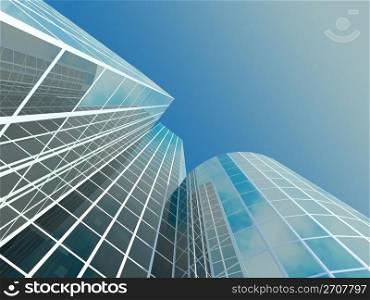 Skyscraper with tinted windows on the background of a cloudless sky. Some windows are transparent