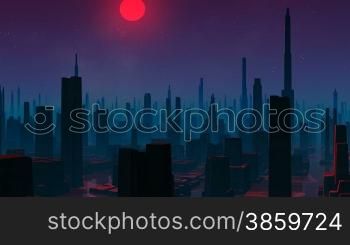 Skyscrapers are shrouded by a green fog. In the night sky of a star and the red moon. Clouds float.