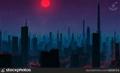 Skyscrapers are shrouded by a green fog. In the night sky of a star and the red moon. Clouds float.