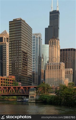 Skyscrapers at the waterfront, Sears Tower, Chicago River, Chicago, Cook County, Illinois, USA