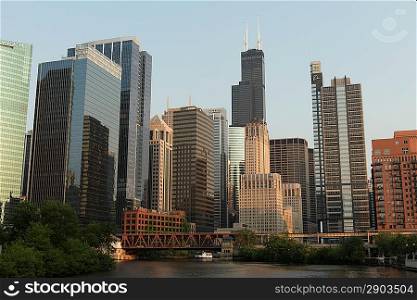 Skyscrapers at the waterfront, Sears Tower, North Canal Street, Chicago River, Chicago, Cook County, Illinois, USA