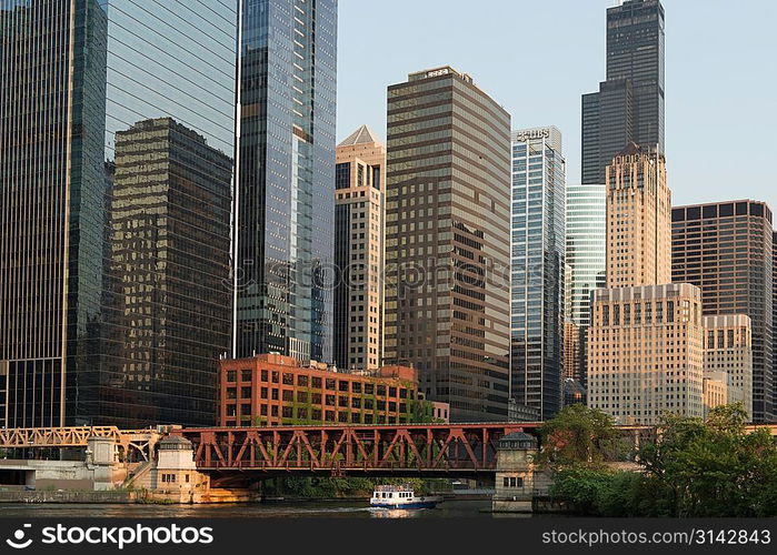 Skyscrapers at the waterfront, Sears Tower, North Canal Street, Chicago River, Chicago, Cook County, Illinois, USA