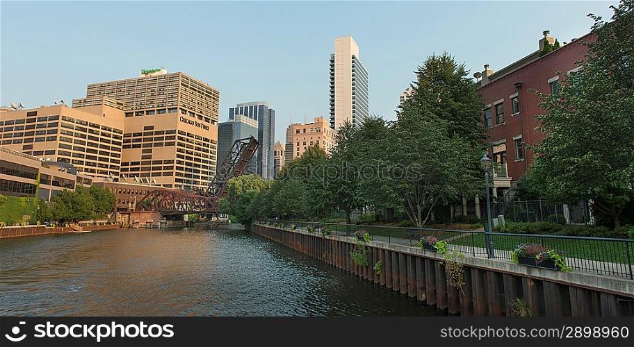 Skyscrapers in a city, Chicago-Sun Times, Chicago River, Chicago, Cook County, Illinois, USA