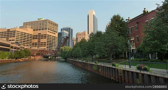 Skyscrapers in a city, Chicago-Sun Times, Chicago River, Chicago, Cook County, Illinois, USA