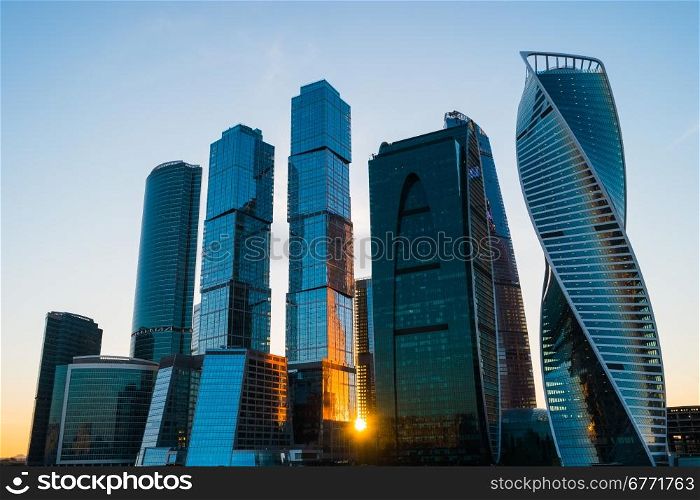 Skyscrapers in Moscow City at sunset, Russia
