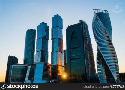 Skyscrapers in Moscow City at sunset, Russia