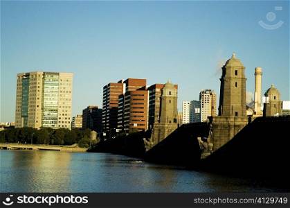 Skyscrapers near a bridge across a river, Longfellow Bridge, Charles River, Cambridge, Boston, Massachusetts, USA