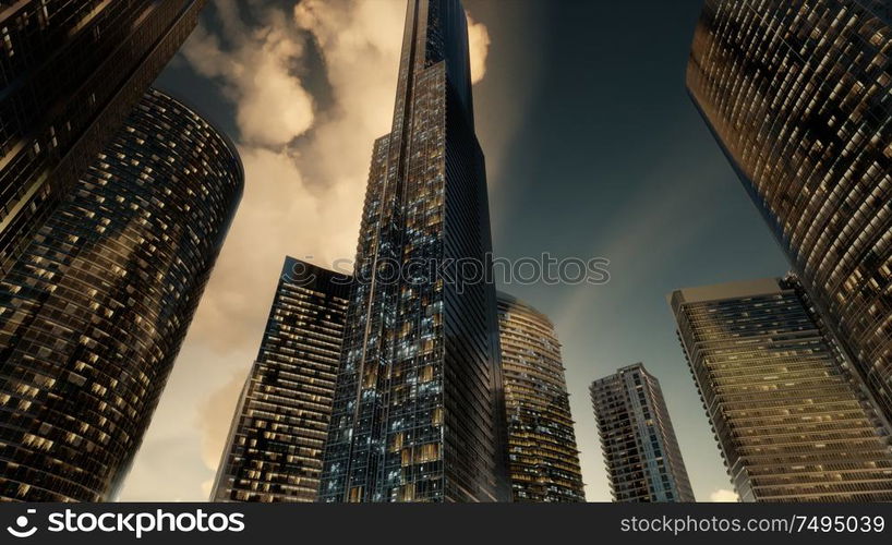 skyscrapers or modern buildings in the city with clouds and sunlight. Skyscrapers or Modern Buildings in the City