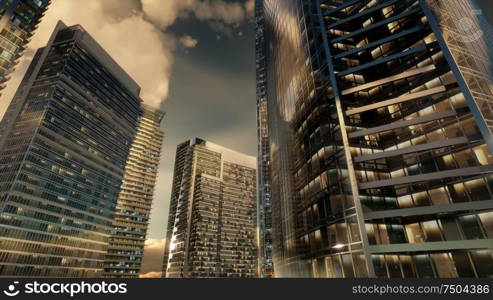 skyscrapers or modern buildings in the city with clouds and sunlight. Skyscrapers or Modern Buildings in the City