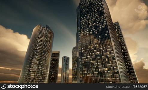 skyscrapers or modern buildings in the city with clouds and sunlight. Skyscrapers or Modern Buildings in the City