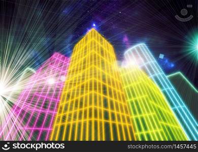 Skyscrapers with neon glowing grid over dark night background.