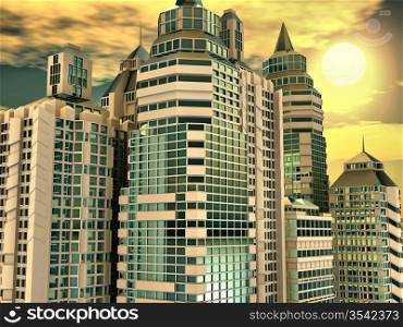 Skyscrapersand and sunrise. Abstract urban Background. 3d
