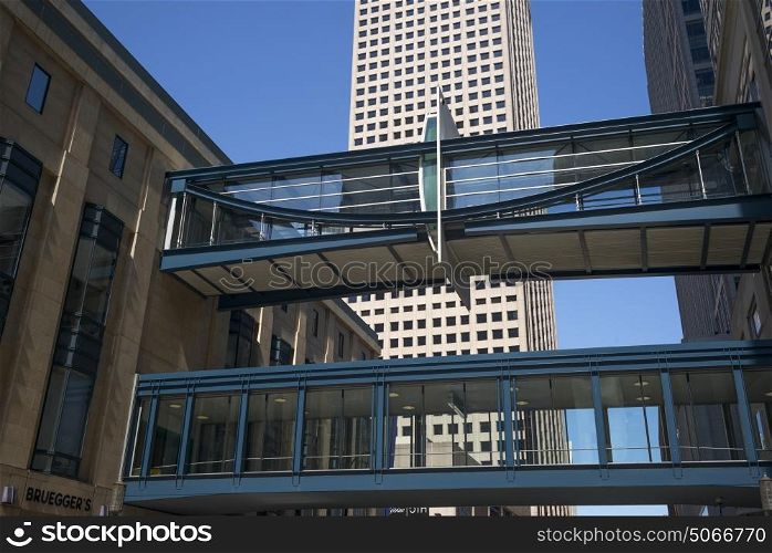 Skywalk by office buildings in Downtown Minneapolis, Hennepin County, Minnesota, USA