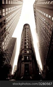 Skyward view of buildings in the Financial District of Manhattan, New York City, U.S.A.